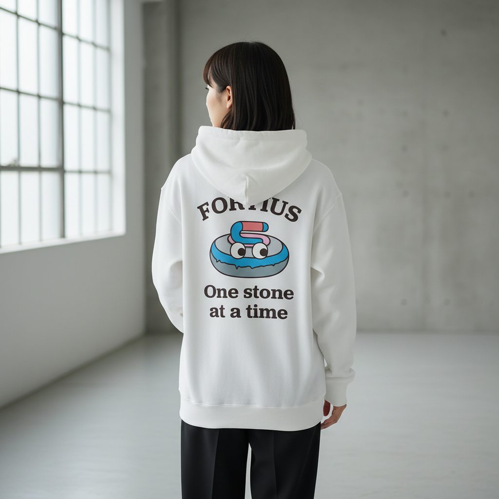 後ろ向きの女性が白いパーカーを着用